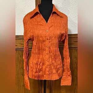 NWOT Clara Women's Vibrant Orange Crinkle Button-Down Shirt